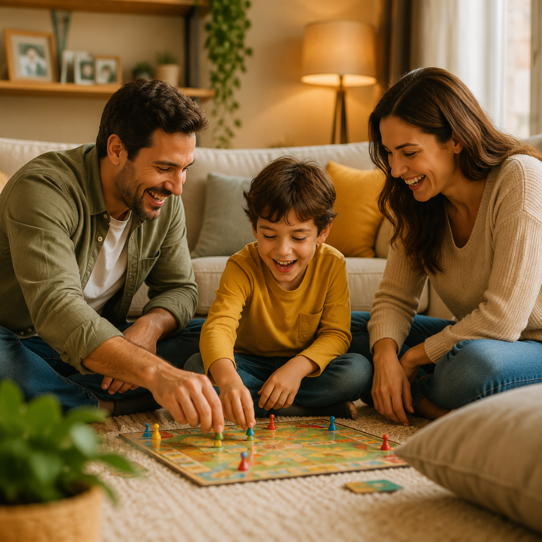Familia jugando en el living