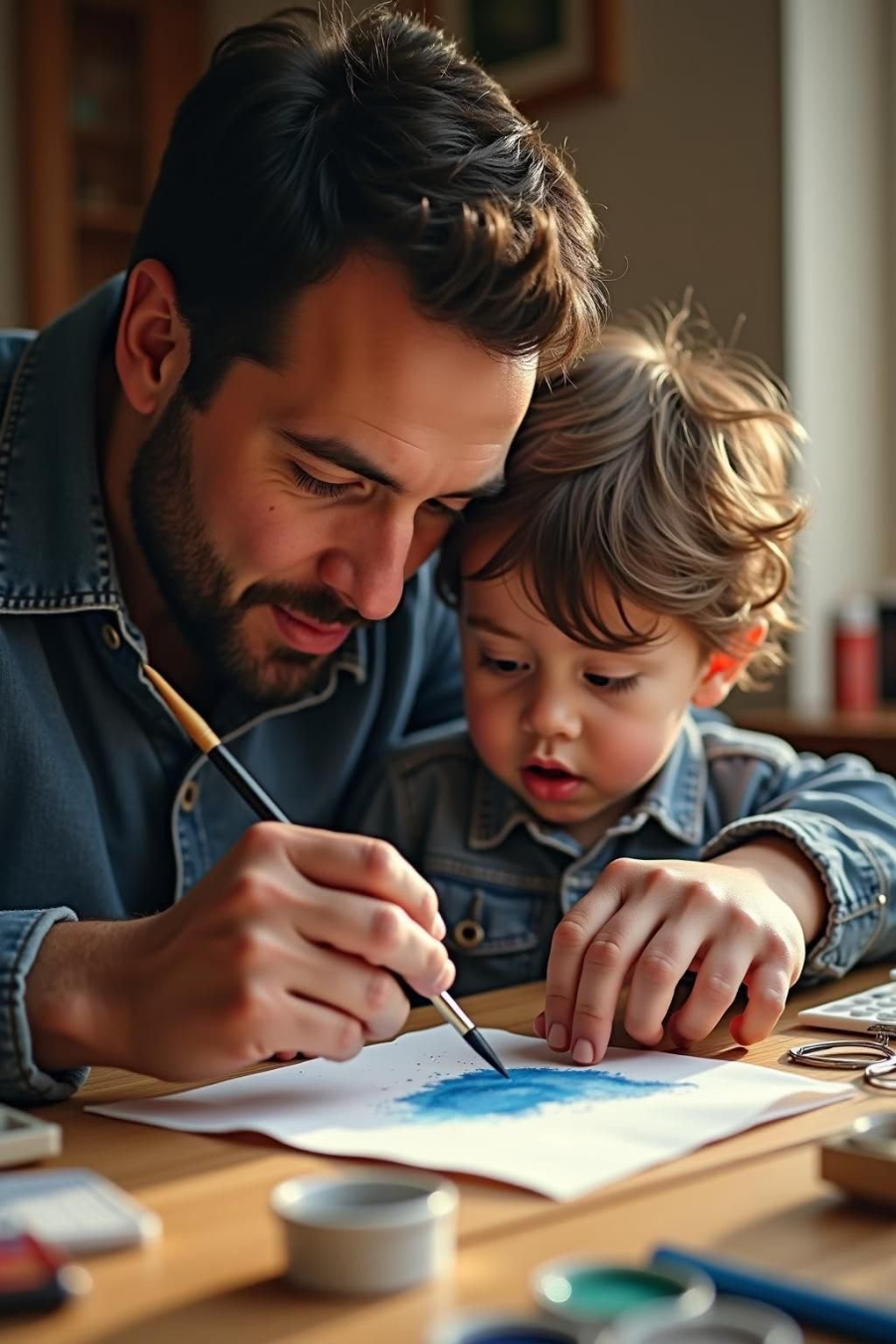 Papá y su hijo pintando juntos