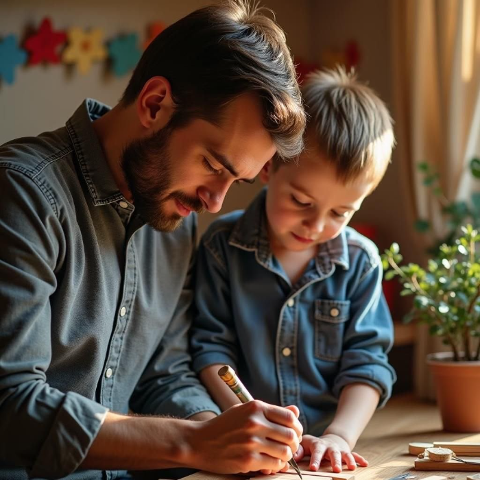 Padre e hijo construyendo juntos